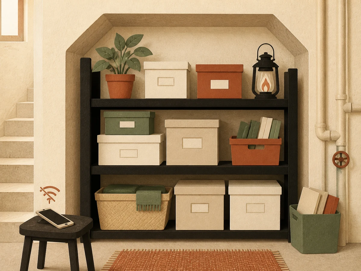 An organized basement shelf available to search offline
