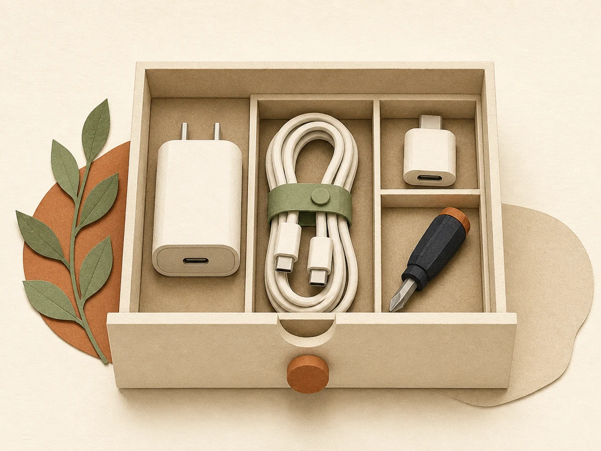 Spare cables, chargers, and tools organized in a drawer